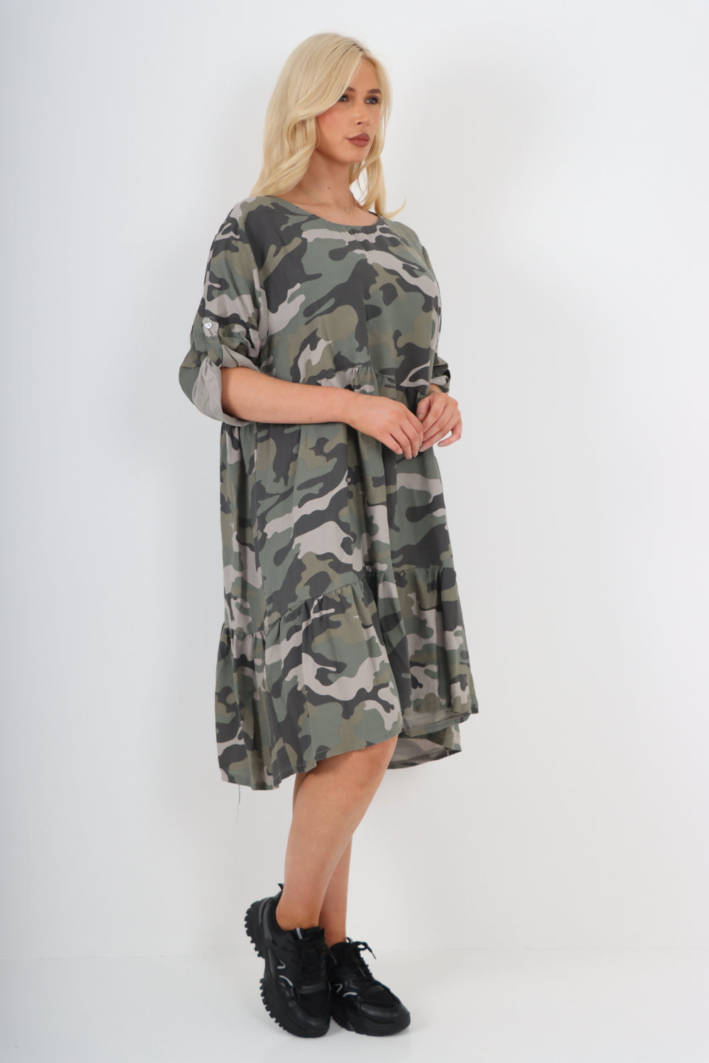 Italian Camo Printed Tiered Midi Dress