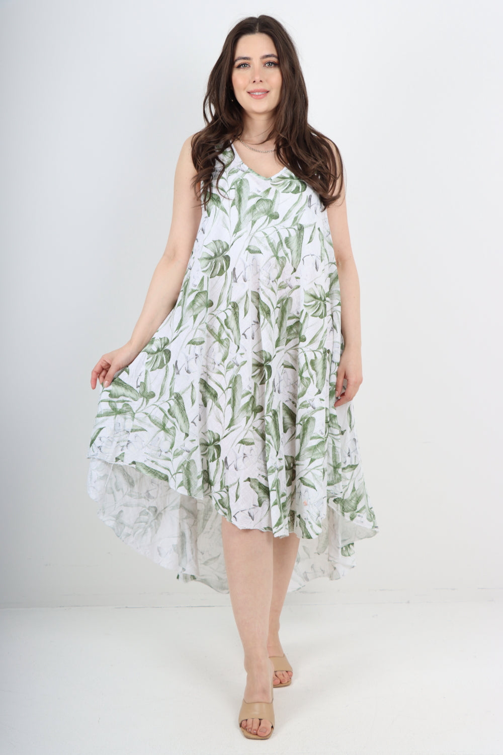 Italian Leaf Print Pattern Dip Hem Sleeveless Vest Midi Dress