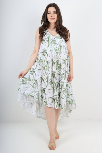 Italian Leaf Print Pattern Dip Hem Sleeveless Vest Midi Dress
