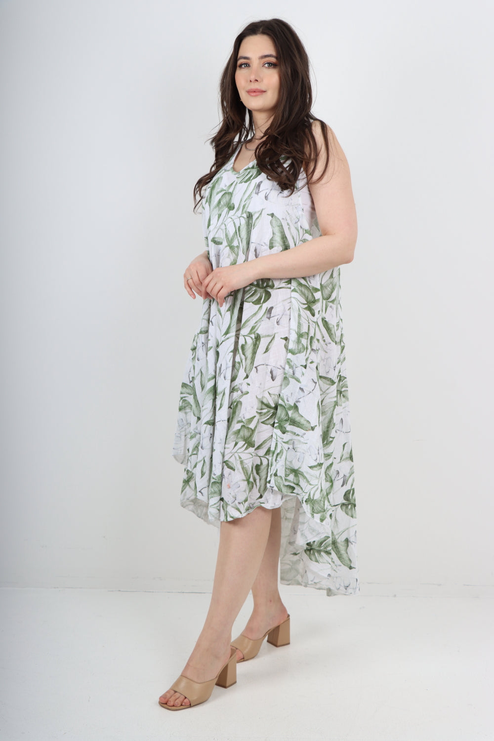 Italian Leaf Print Pattern Dip Hem Sleeveless Vest Midi Dress
