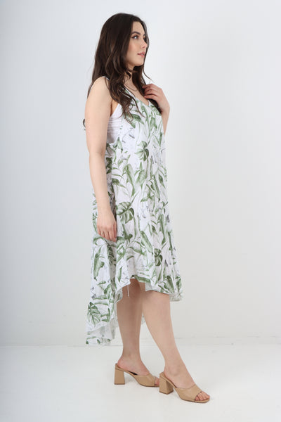 Italian Leaf Print Pattern Dip Hem Sleeveless Vest Midi Dress
