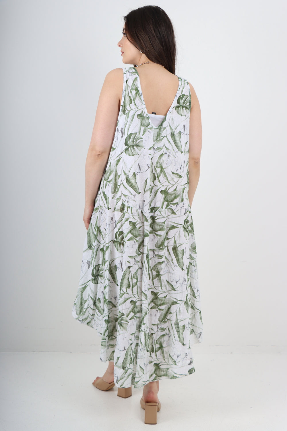 Italian Leaf Print Pattern Dip Hem Sleeveless Vest Midi Dress