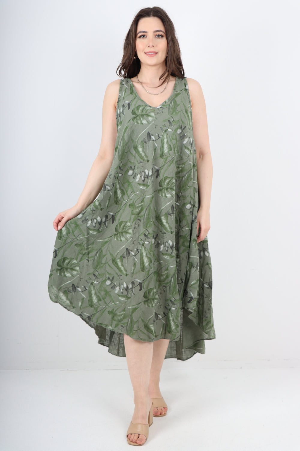 Italian Leaf Print Pattern Dip Hem Sleeveless Vest Midi Dress