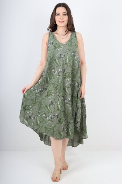 Italian Leaf Print Pattern Dip Hem Sleeveless Vest Midi Dress
