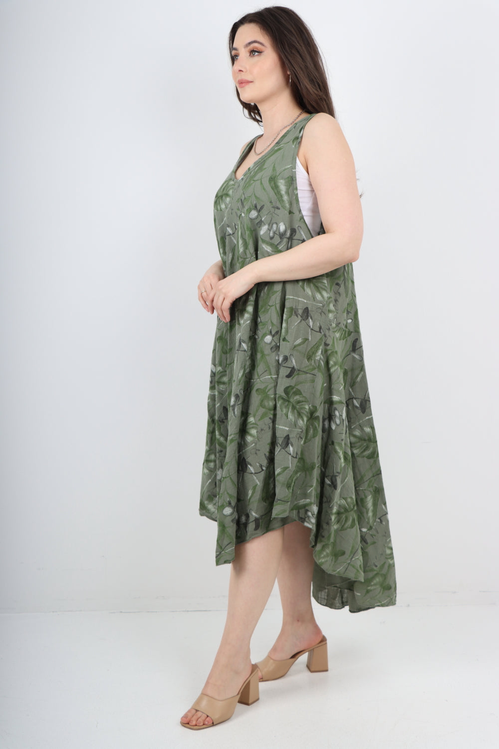 Italian Leaf Print Pattern Dip Hem Sleeveless Vest Midi Dress