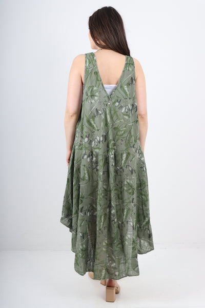 Italian Leaf Print Pattern Dip Hem Sleeveless Vest Midi Dress