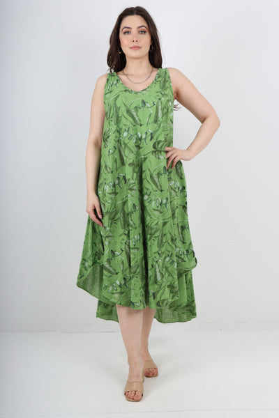 Italian Leaf Print Pattern Dip Hem Sleeveless Vest Midi Dress