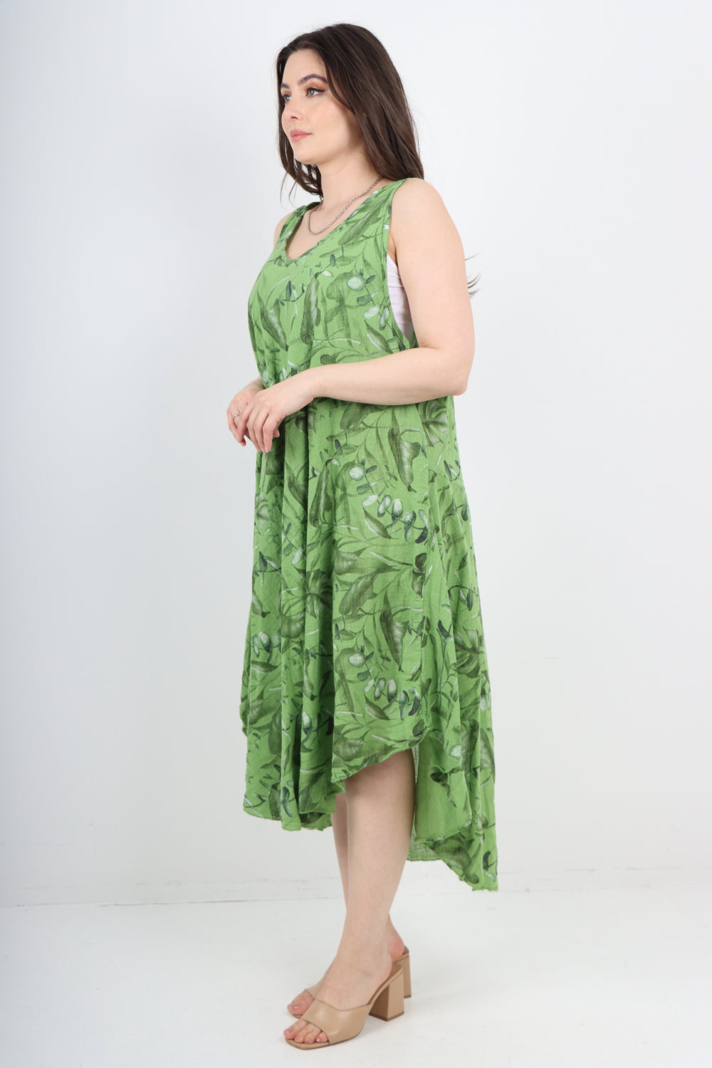 Italian Leaf Print Pattern Dip Hem Sleeveless Vest Midi Dress