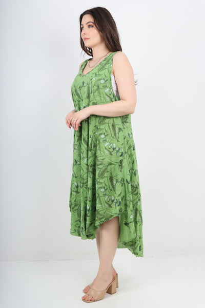 Italian Leaf Print Pattern Dip Hem Sleeveless Vest Midi Dress