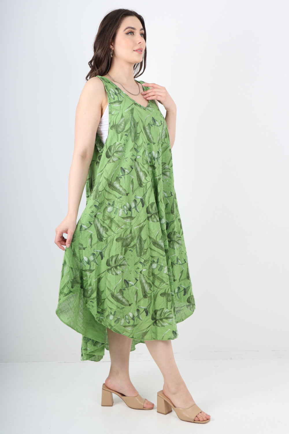 Italian Leaf Print Pattern Dip Hem Sleeveless Vest Midi Dress