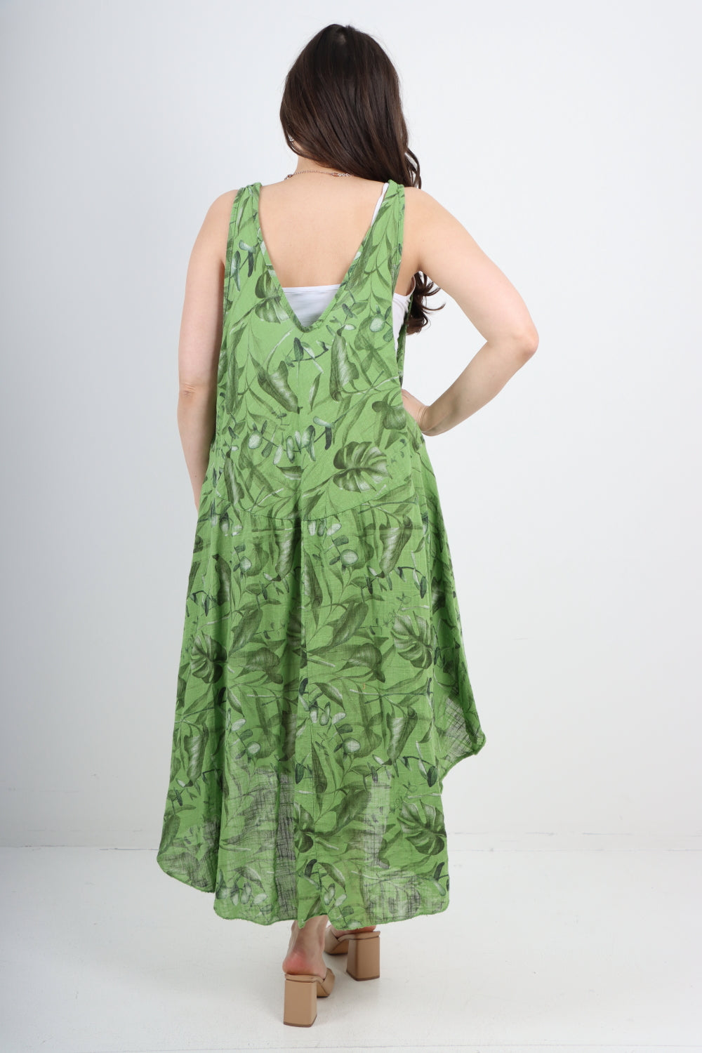 Italian Leaf Print Pattern Dip Hem Sleeveless Vest Midi Dress