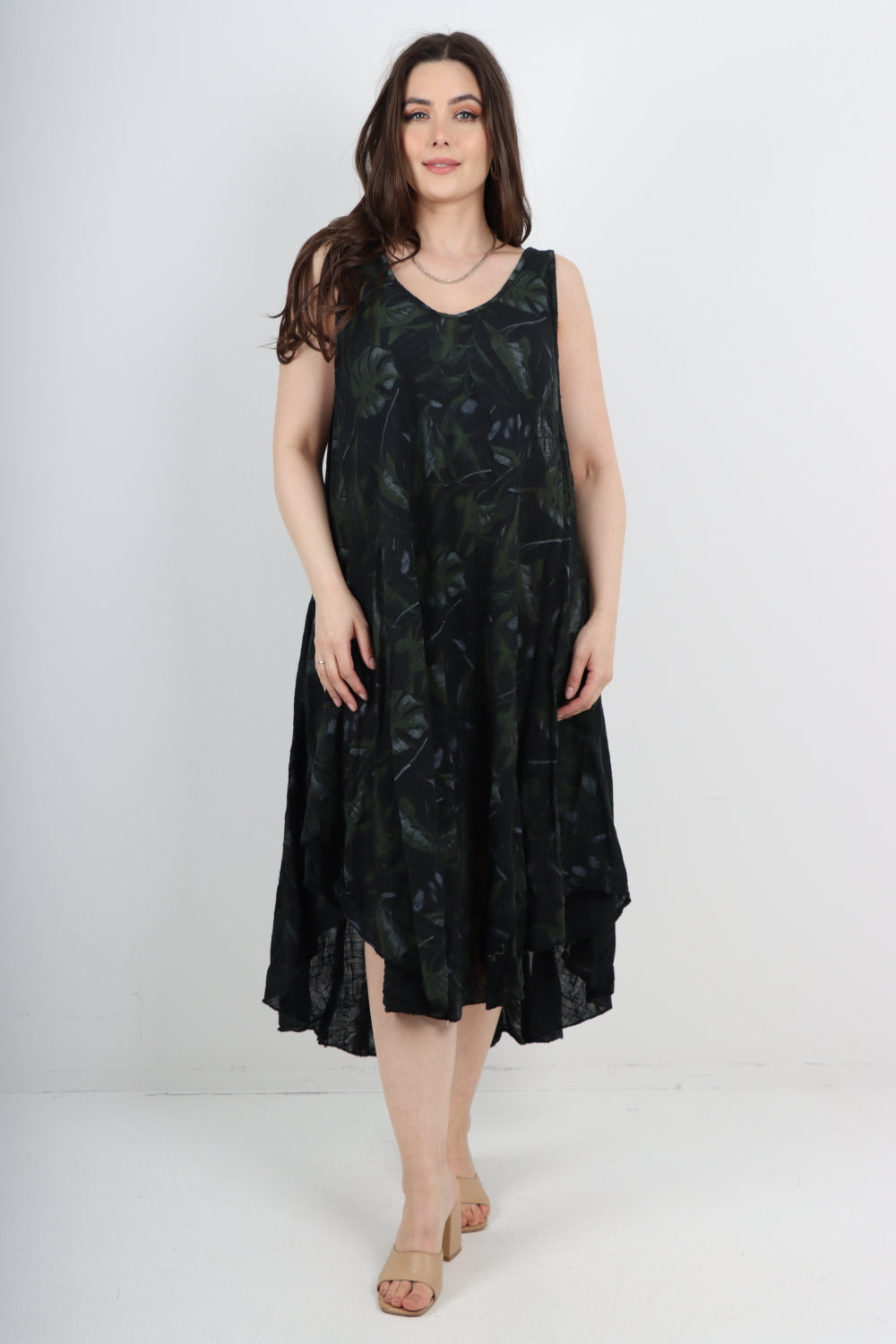 Italian Leaf Print Pattern Dip Hem Sleeveless Vest Midi Dress