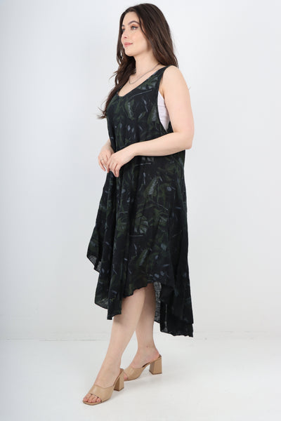 Italian Leaf Print Pattern Dip Hem Sleeveless Vest Midi Dress