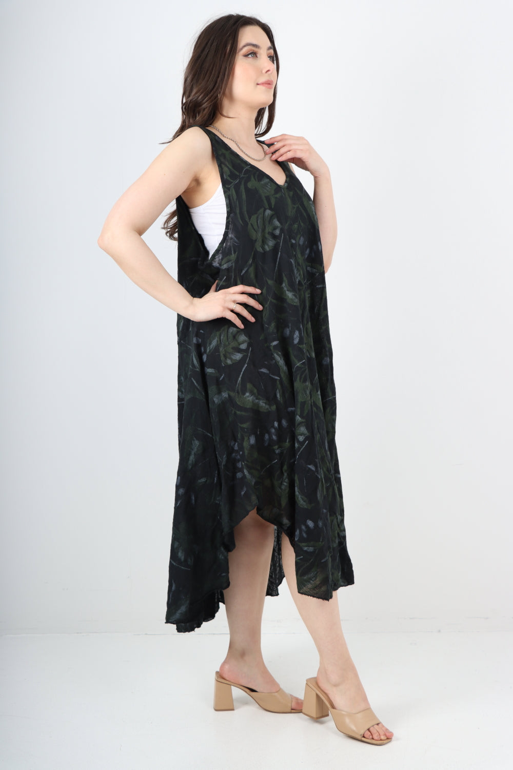 Italian Leaf Print Pattern Dip Hem Sleeveless Vest Midi Dress