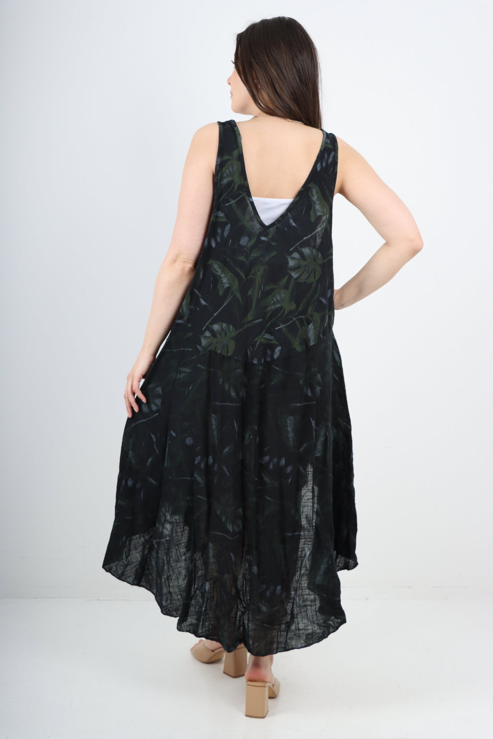 Italian Leaf Print Pattern Dip Hem Sleeveless Vest Midi Dress