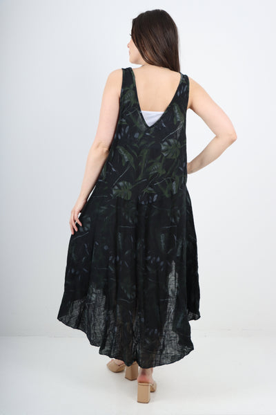 Italian Leaf Print Pattern Dip Hem Sleeveless Vest Midi Dress