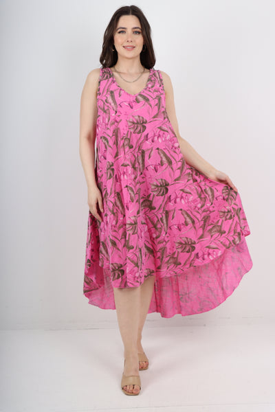 Italian Leaf Print Pattern Dip Hem Sleeveless Vest Midi Dress