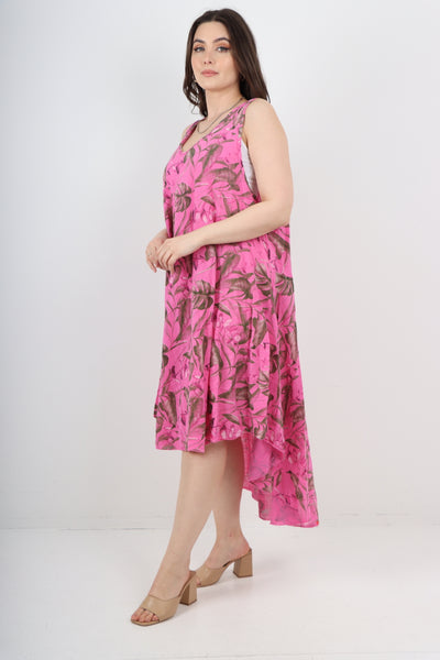 Italian Leaf Print Pattern Dip Hem Sleeveless Vest Midi Dress