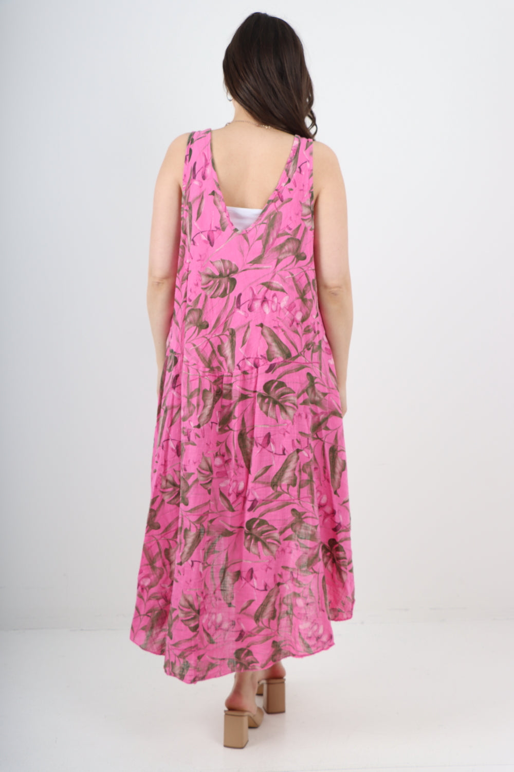 Italian Leaf Print Pattern Dip Hem Sleeveless Vest Midi Dress
