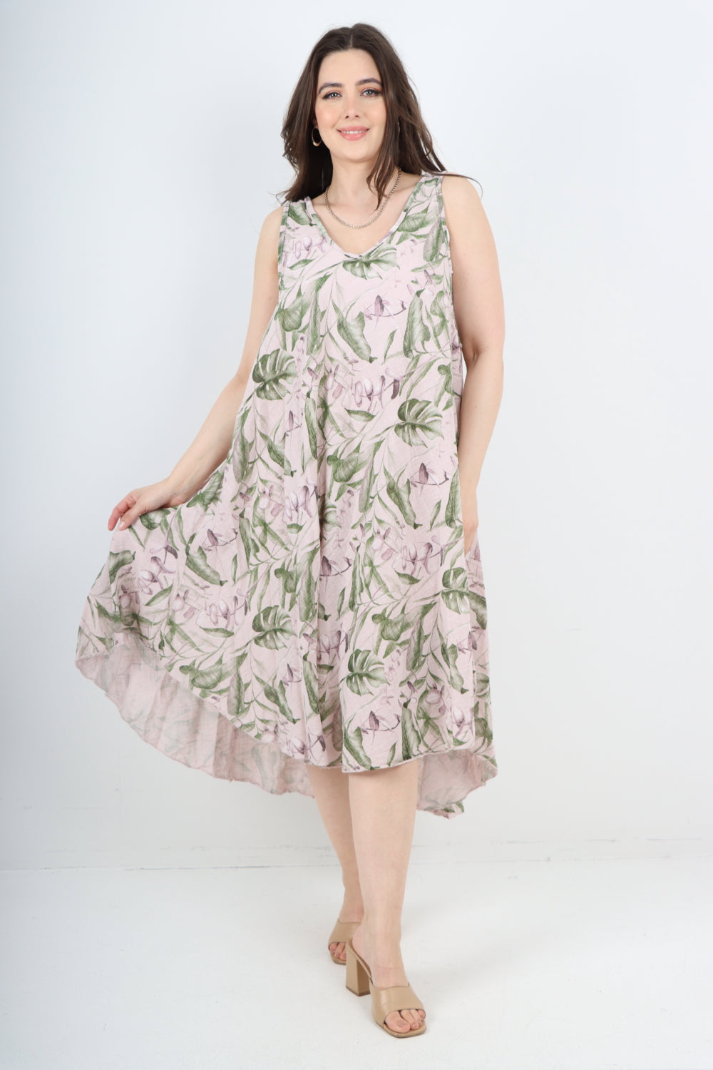 Italian Leaf Print Pattern Dip Hem Sleeveless Vest Midi Dress