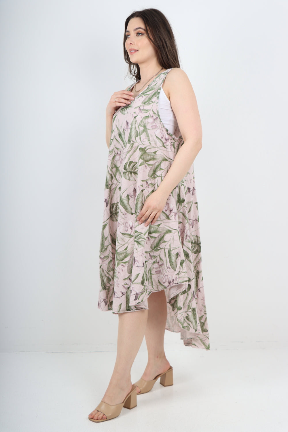 Italian Leaf Print Pattern Dip Hem Sleeveless Vest Midi Dress