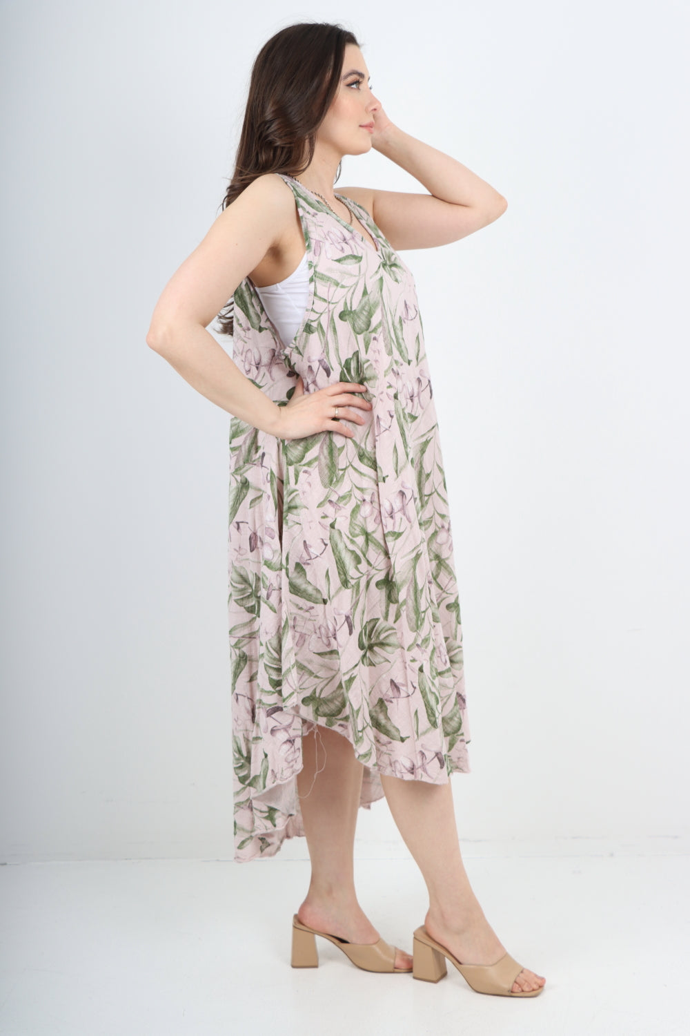 Italian Leaf Print Pattern Dip Hem Sleeveless Vest Midi Dress