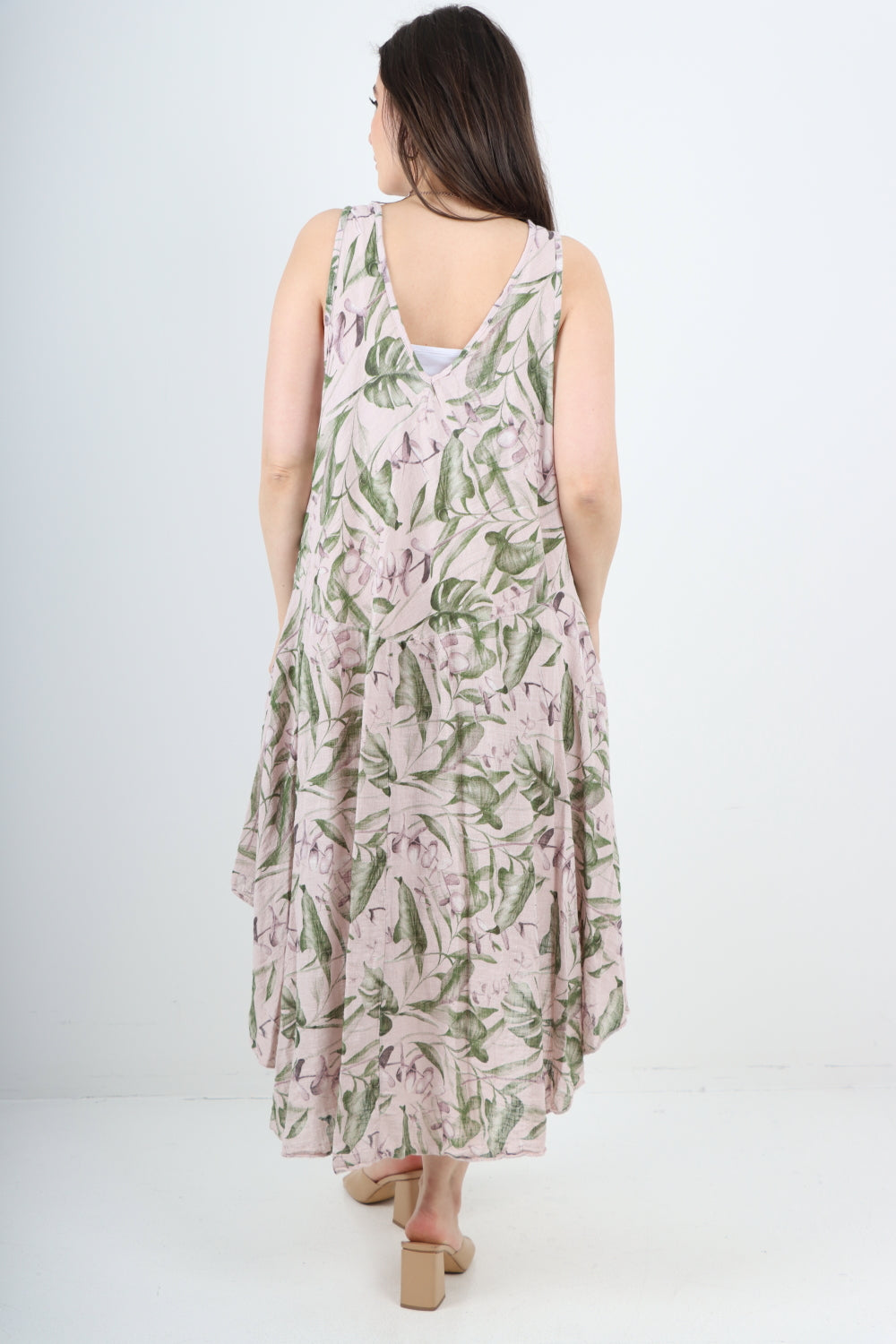 Italian Leaf Print Pattern Dip Hem Sleeveless Vest Midi Dress