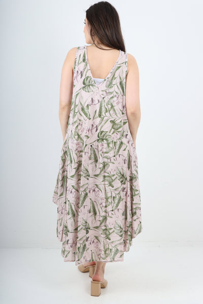 Italian Leaf Print Pattern Dip Hem Sleeveless Vest Midi Dress