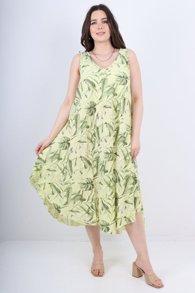 Italian Leaf Print Pattern Dip Hem Sleeveless Vest Midi Dress