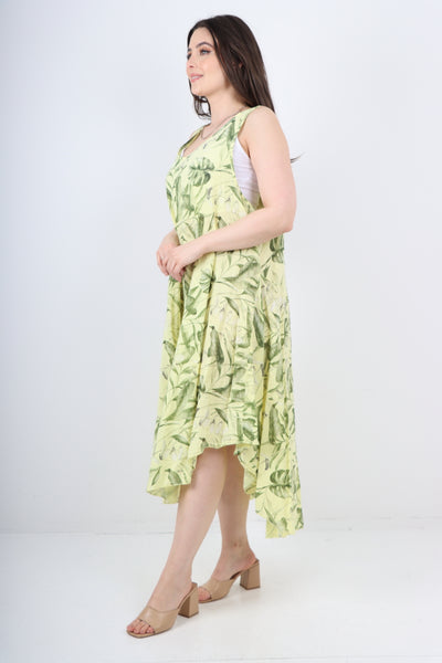 Italian Leaf Print Pattern Dip Hem Sleeveless Vest Midi Dress