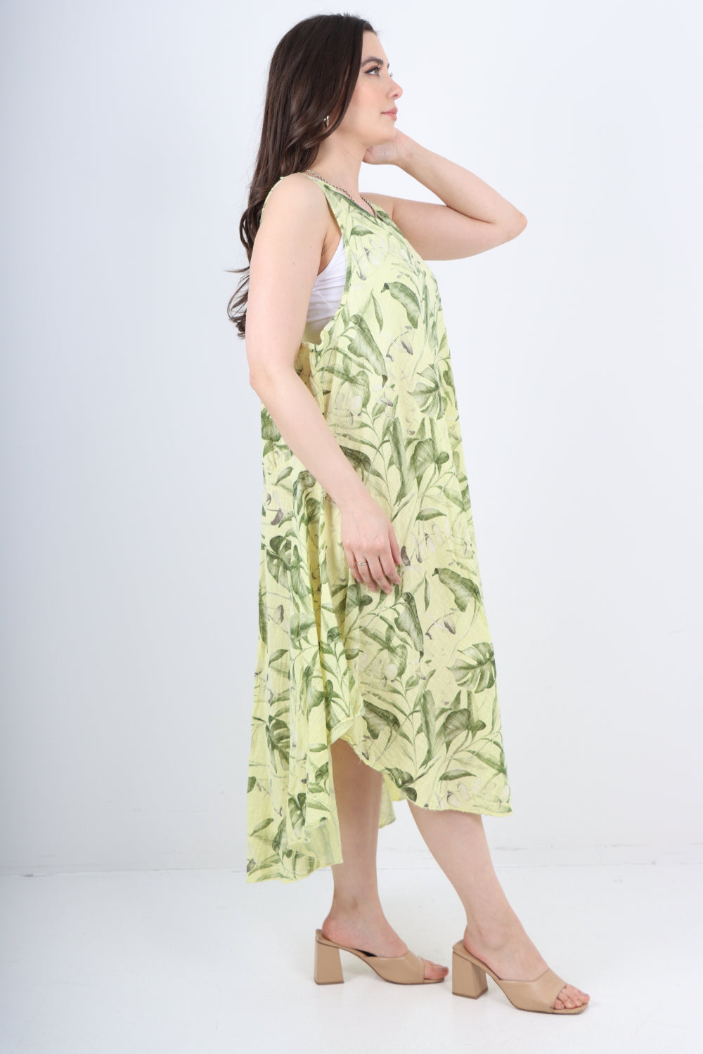 Italian Leaf Print Pattern Dip Hem Sleeveless Vest Midi Dress