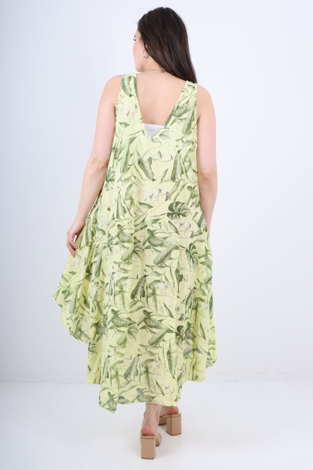 Italian Leaf Print Pattern Dip Hem Sleeveless Vest Midi Dress