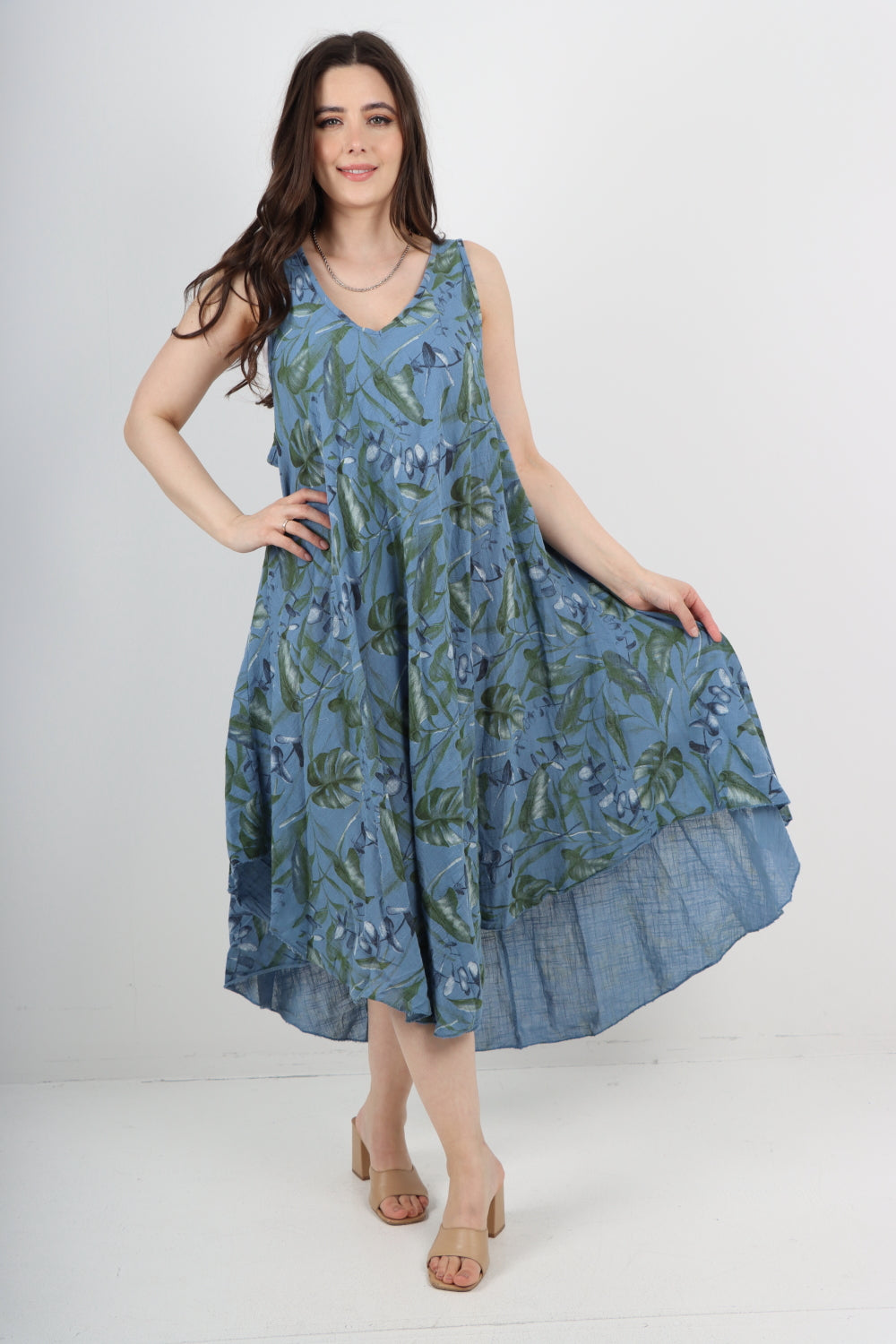 Italian Leaf Print Pattern Dip Hem Sleeveless Vest Midi Dress