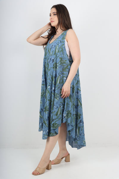 Italian Leaf Print Pattern Dip Hem Sleeveless Vest Midi Dress