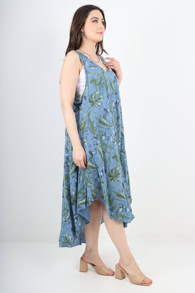 Italian Leaf Print Pattern Dip Hem Sleeveless Vest Midi Dress