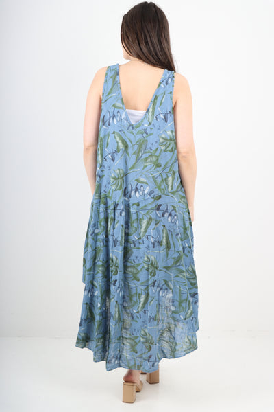 Italian Leaf Print Pattern Dip Hem Sleeveless Vest Midi Dress