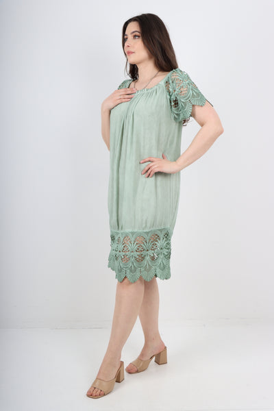 Italian Crochet Lace Panel Detail Bardot Midi Dress