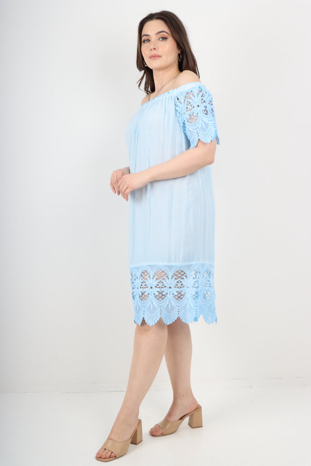 Italian Crochet Lace Panel Detail Bardot Midi Dress