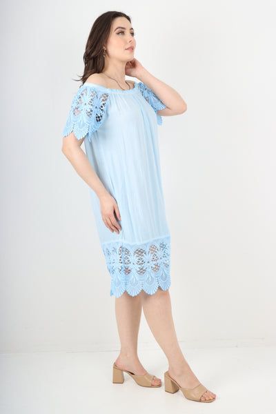 Italian Crochet Lace Panel Detail Bardot Midi Dress