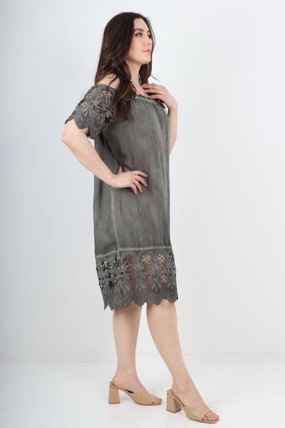 Italian Crochet Lace Panel Detail Bardot Midi Dress