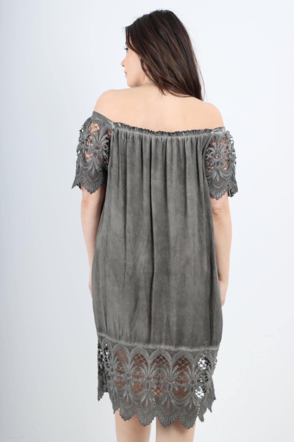 Italian Crochet Lace Panel Detail Bardot Midi Dress