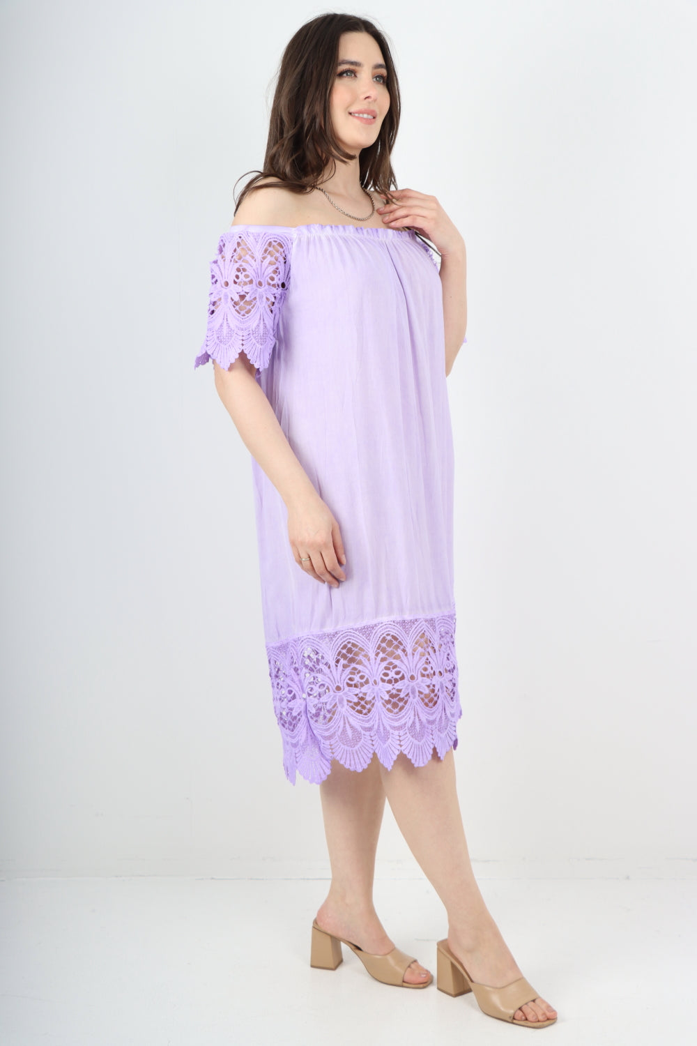 Italian Crochet Lace Panel Detail Bardot Midi Dress