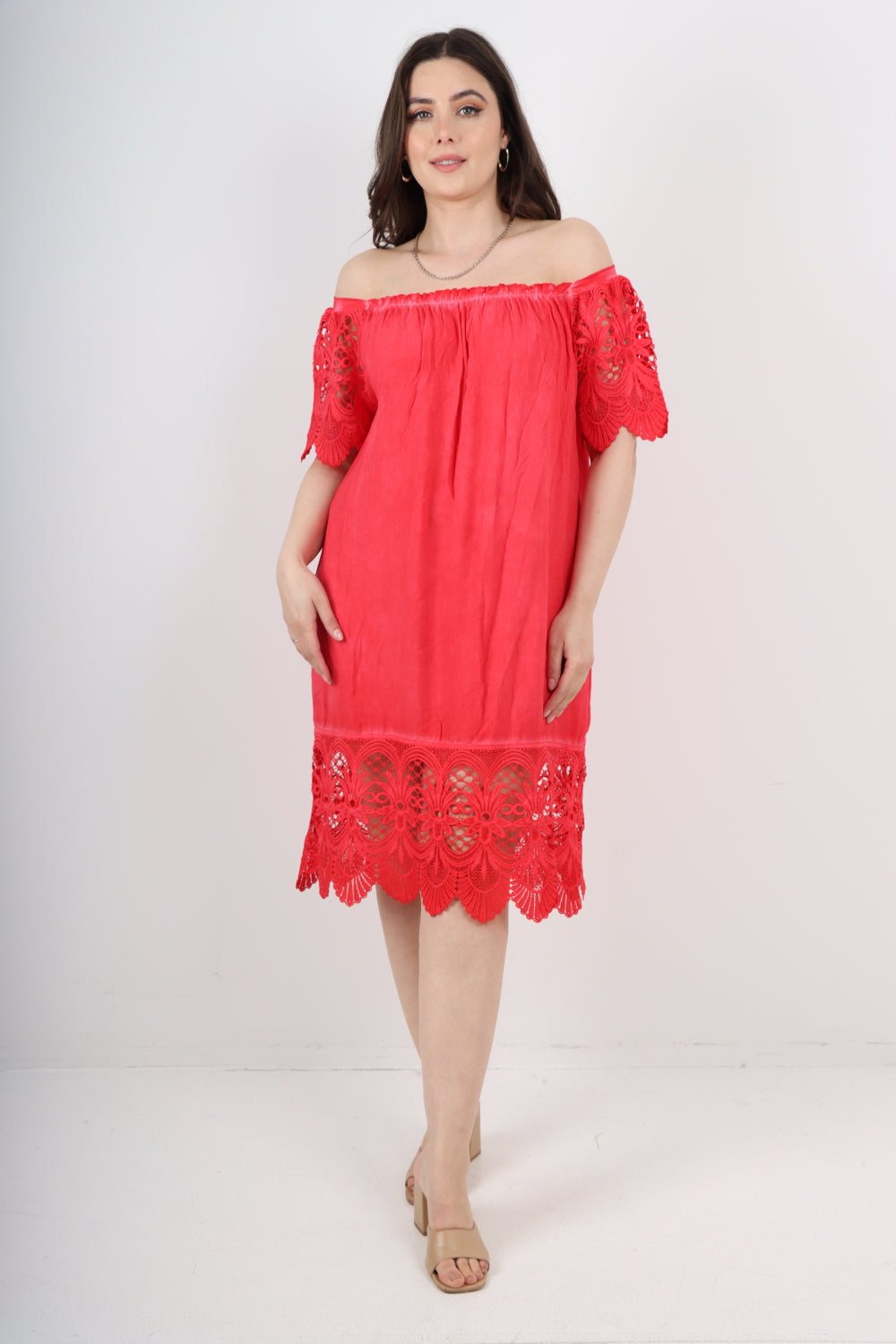 Italian Crochet Lace Panel Detail Bardot Midi Dress