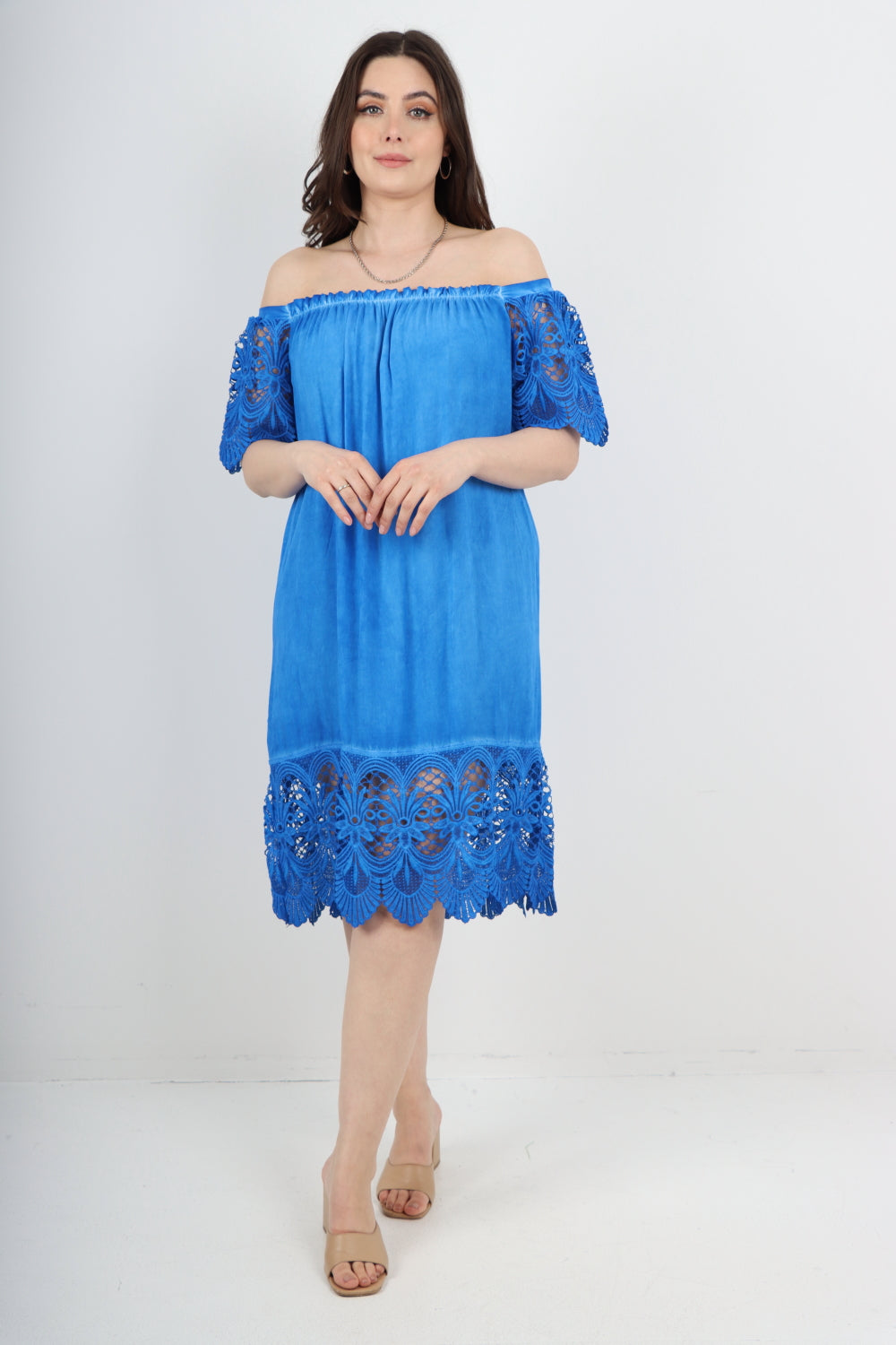 Italian Crochet Lace Panel Detail Bardot Midi Dress