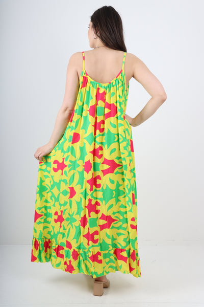 Italian Multi Pattern Print  Frill Bottom Sleeveless Vest Sun Dress