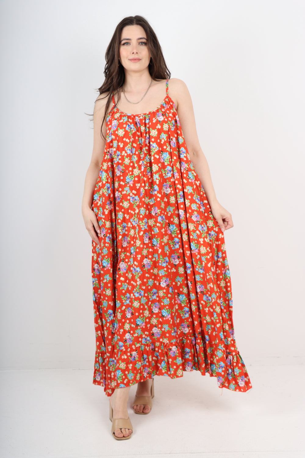 Italian Small Floral Print  Frill Bottom Sleeveless Vest Sun Dress
