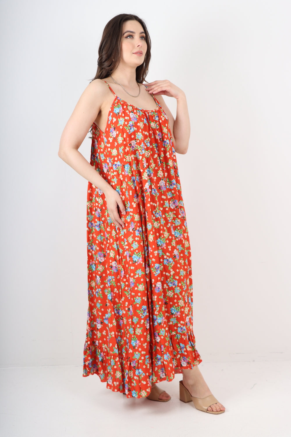 Italian Small Floral Print  Frill Bottom Sleeveless Vest Sun Dress
