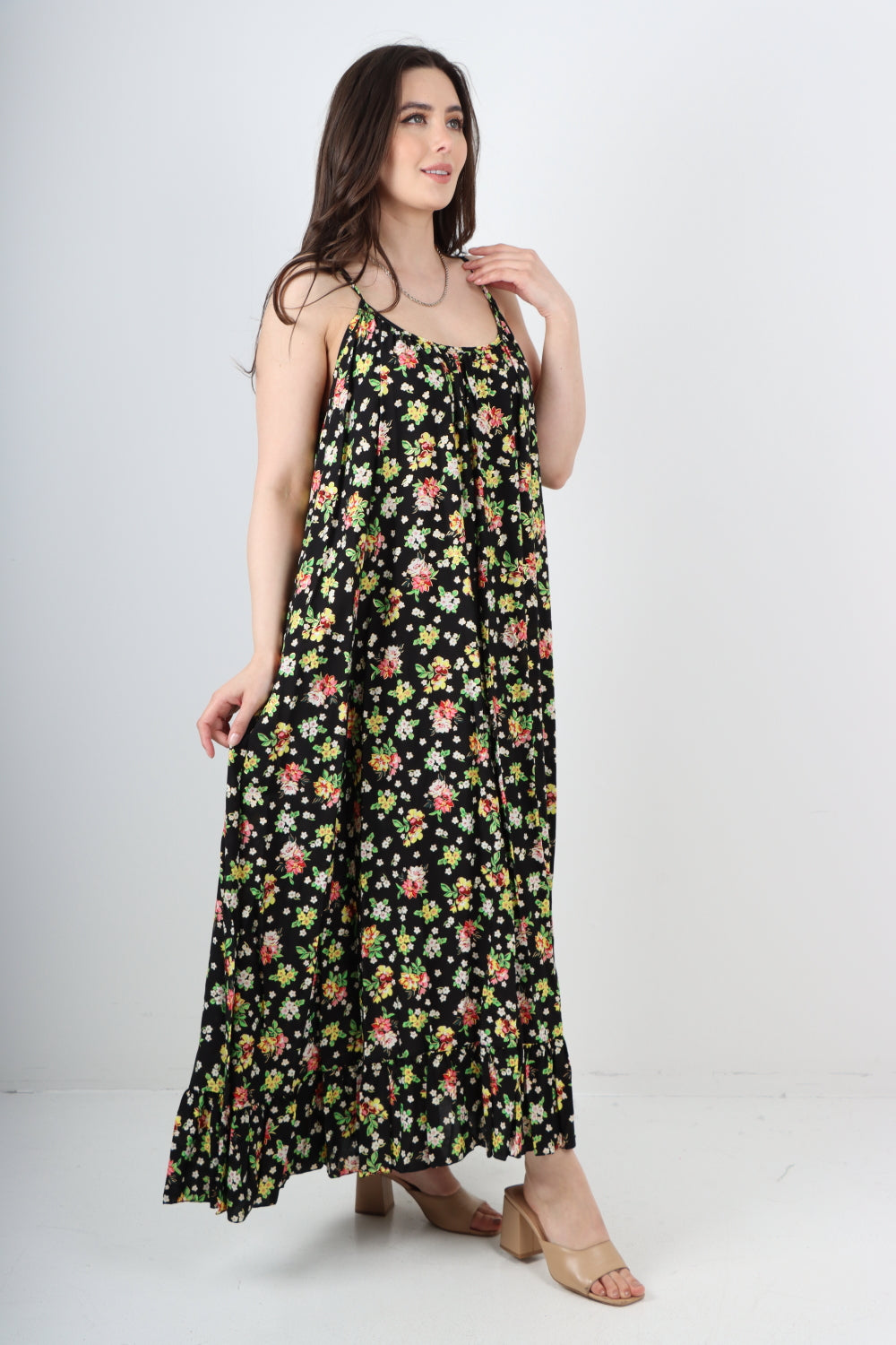 Italian Floral Print  Frill Bottom Sleeveless Vest Sun Dress