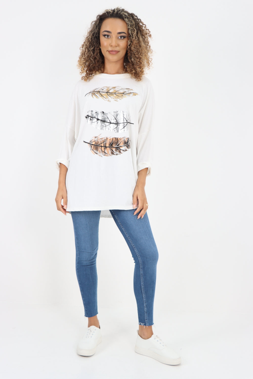 Italian Foil Feather Print Round Neck Jersey Tunic Top