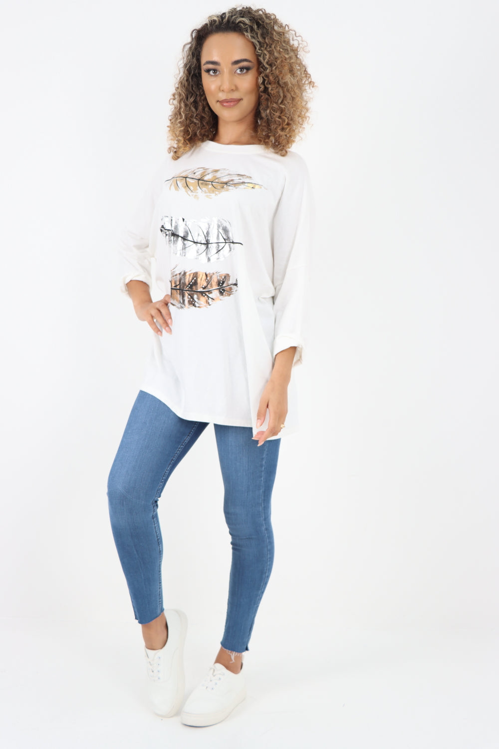 Italian Foil Feather Print Round Neck Jersey Tunic Top